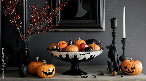 Spooky Halloween Decor with Black and Orange Pumpkins on a Mantel. AI Generated photo