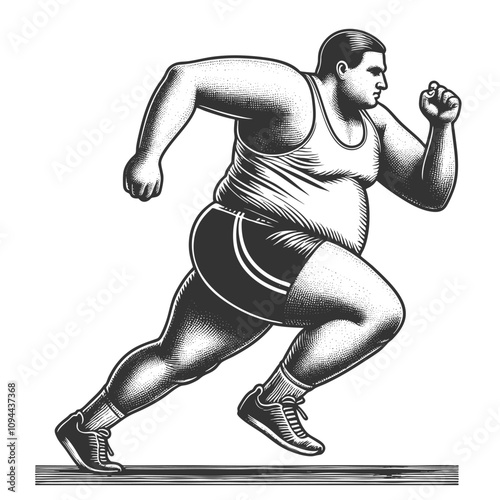 overweight body positive runner with fat belly, mid-stride, showcasing strength, resilience, and athleticism sketch engraving generative ai vector illustration. Scratch board. Black and white image.