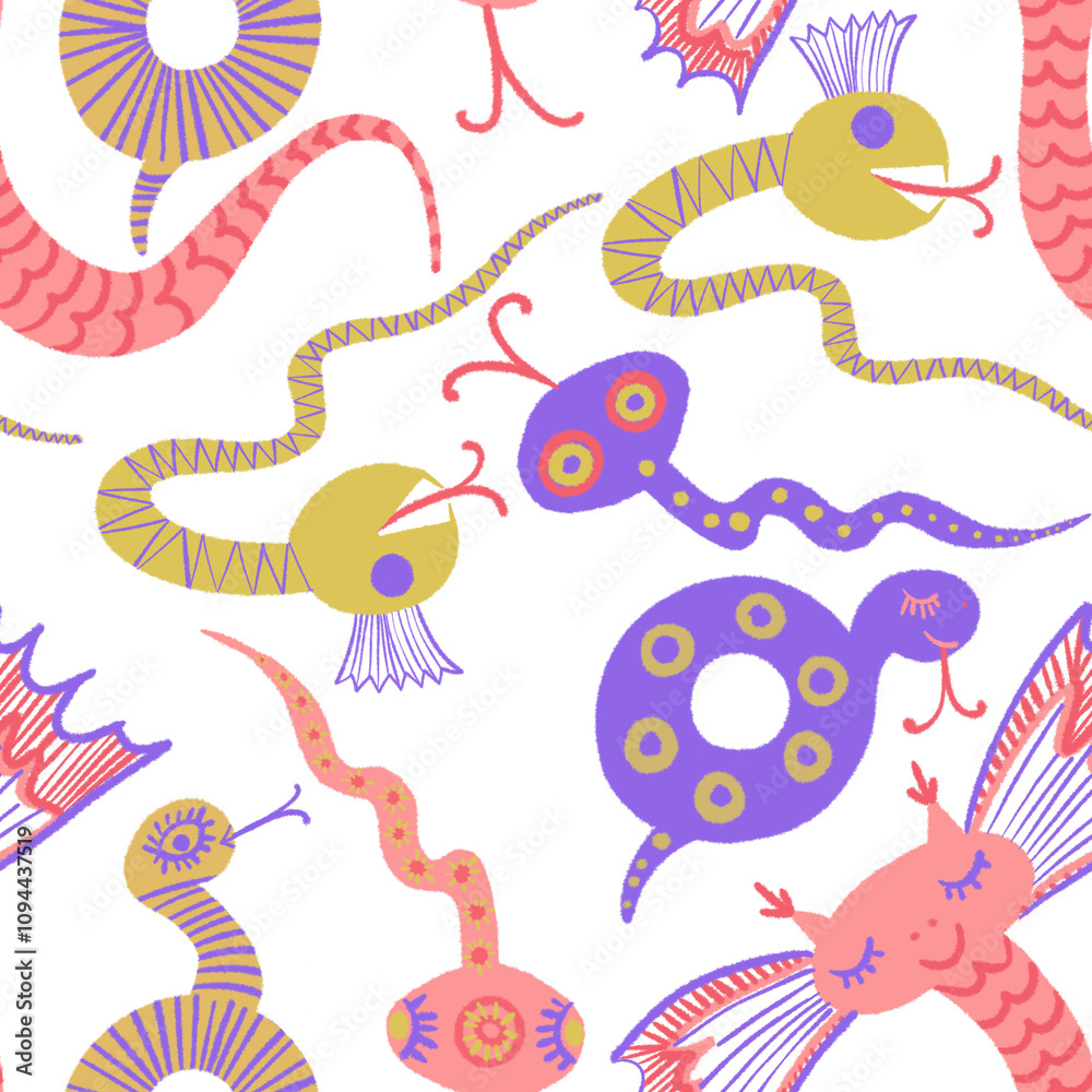 Cute kind monsters illustrations of snakes. For the design of children's clothing and textiles Cute kind monsters illustrations of snakes. For the design of children's clothing and textiles