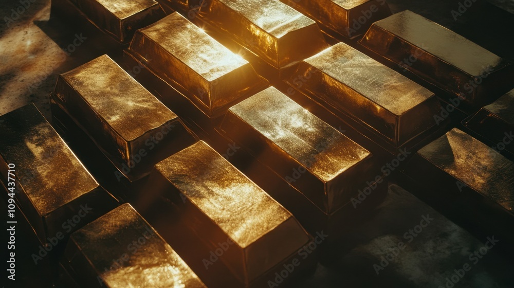 A Close-Up View of Gleaming Gold Bars Reflecting Light in a Rich and Luxurious Setting, Highlighting the Value and Beauty of Precious Metals A Close-Up View of Gleaming Gold Bars Reflecting Light in a Rich and Luxurious Setting, Highlighting the Value and Beauty of Precious Metals