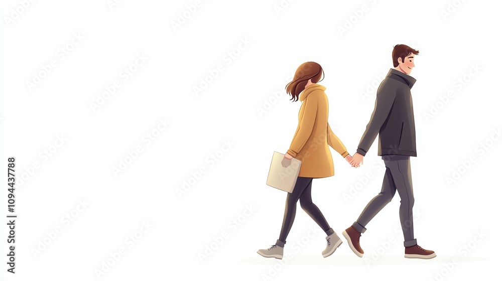 Fototapeta premium a 2D cartoon illustration of a couple taking a walk hand-in-hand, romantic and relaxed, white background--ar 16:9