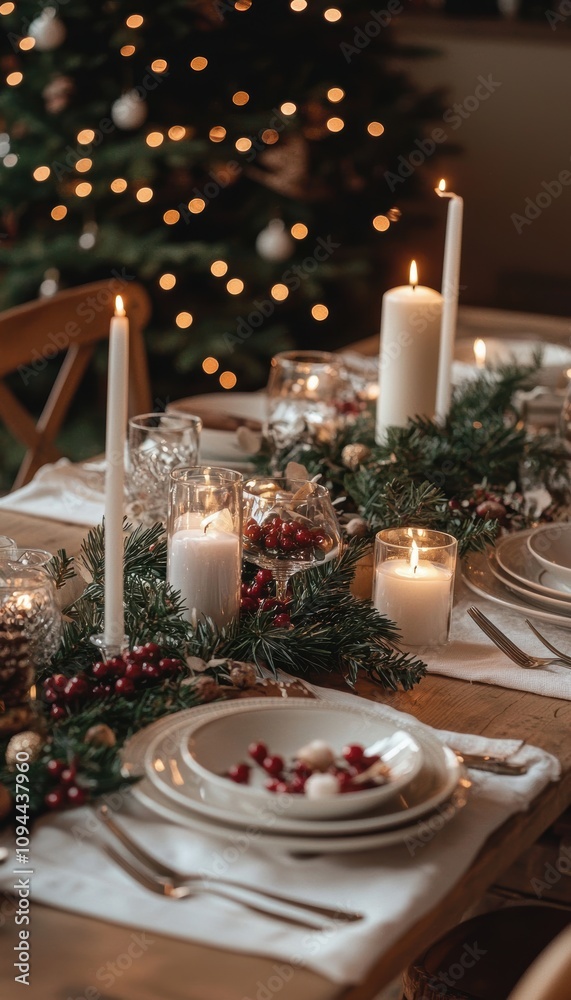 Elegant Winter Dinner Party Table with Candles and Seasonal Decorations for Festive Gatherings Elegant Winter Dinner Party Table with Candles and Seasonal Decorations for Festive Gatherings