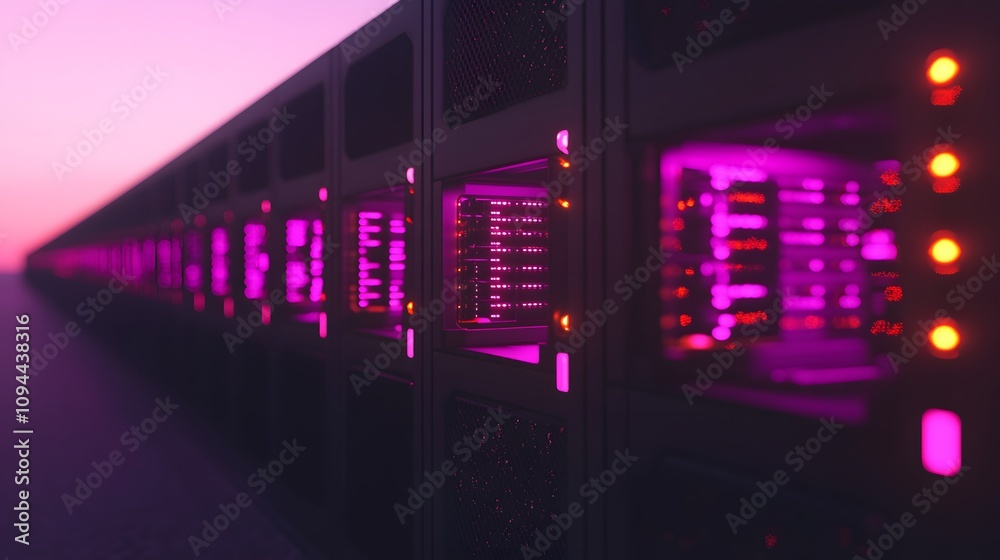Fototapeta premium Endless rows of glowing servers illuminate the digital horizon at sunset, a mesmerizing sight of technological advancement.