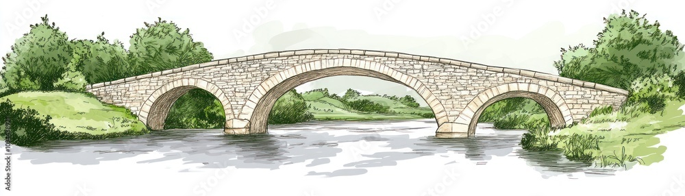 Fototapeta premium A stone arch bridge over a calm river, surrounded by lush greenery.