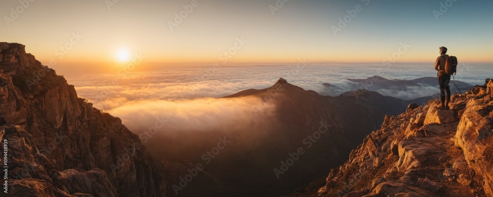 Naklejka premium Man standing on a mountain top with a view of the sun
