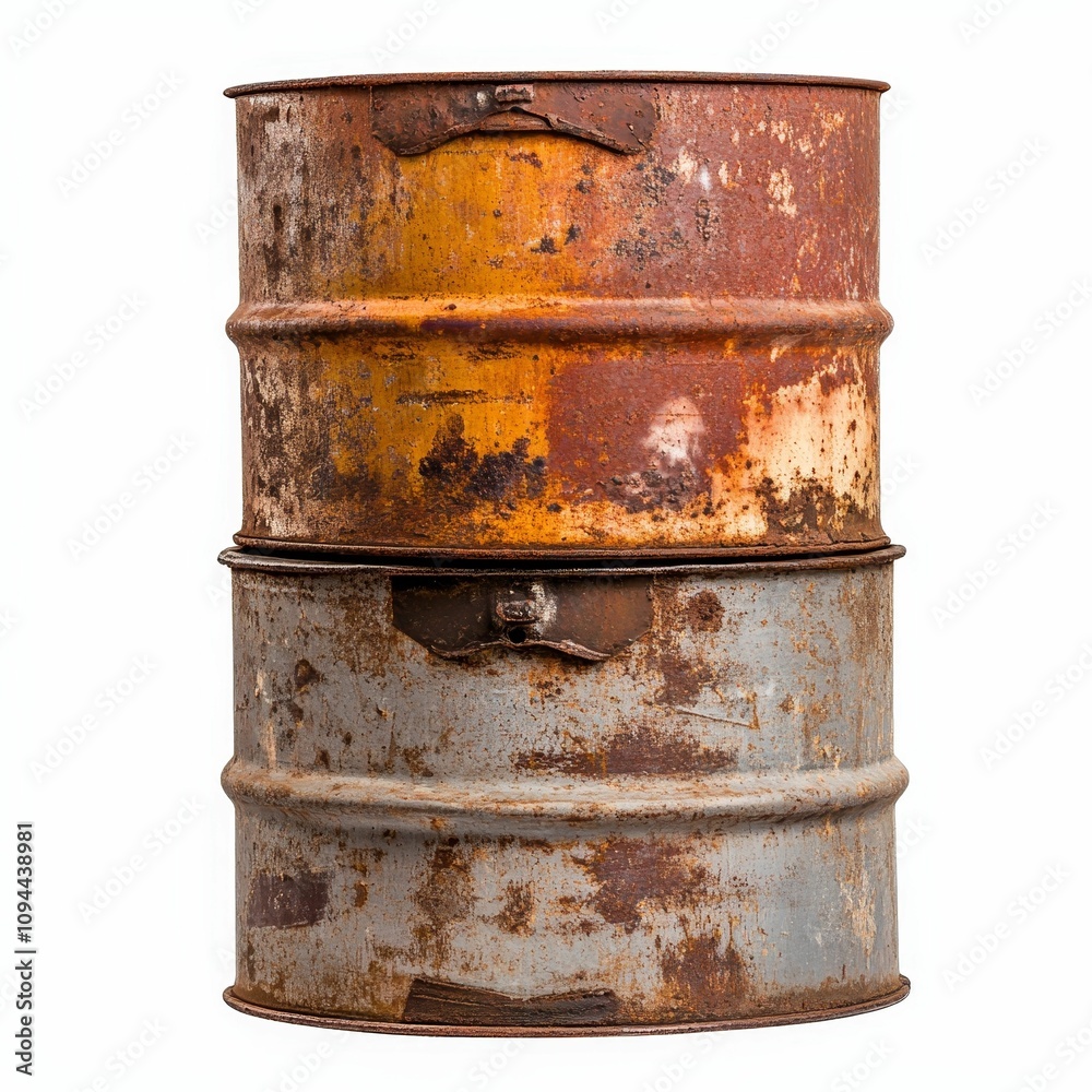 Two stacked rusty metal barrels. Two stacked rusty metal barrels.