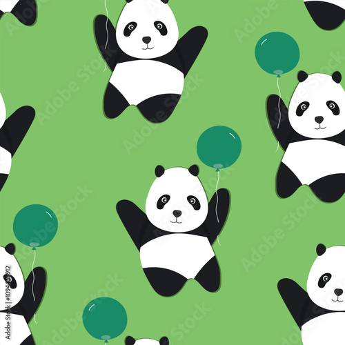 Seamless pattern with cute panda baby on color background. Funny asian animals. Card, postcards for kids. Flat vector illustration for fabric, textile, wallpaper, poster, gift wrapping paper. photo