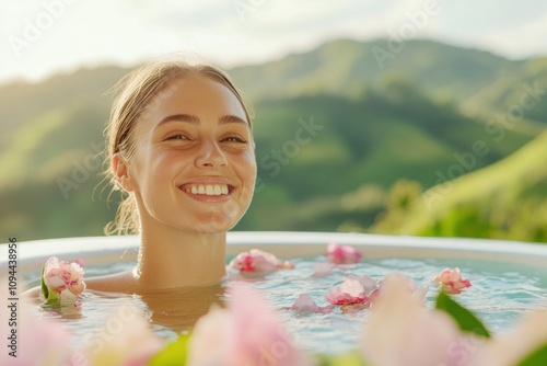 Content woman in hot tub basking in nature’s serenity photo