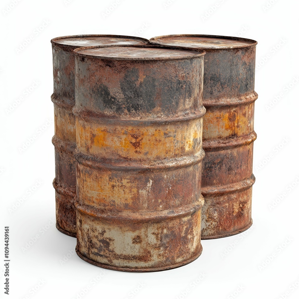 Three rusty metal barrels, stacked. Three rusty metal barrels, stacked.