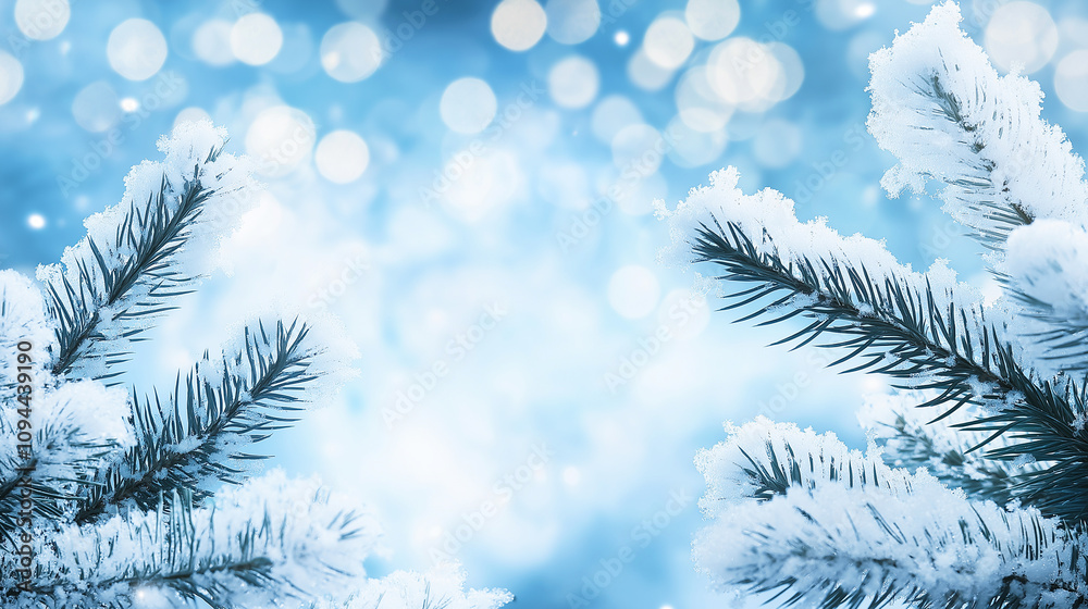 Frosted evergreen branches with soft snowflakes against a dreamy blue bokeh background. Christmas border frame. postcard. card with copy space Frosted evergreen branches with soft snowflakes against a dreamy blue bokeh background. Christmas border frame. postcard. card with copy space