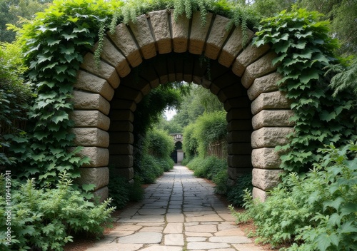 Stone archway surrounded by lush greenery in a tranquil garden setting hours