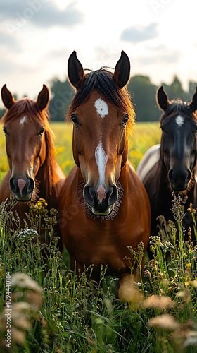 Horses Gracefully Stand in Field at Sunset photo