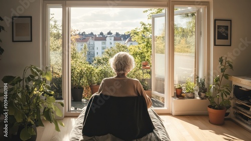 Elderly woman thriving in a minimalist home in Oslo, Norway, embracing simplicity and contentment