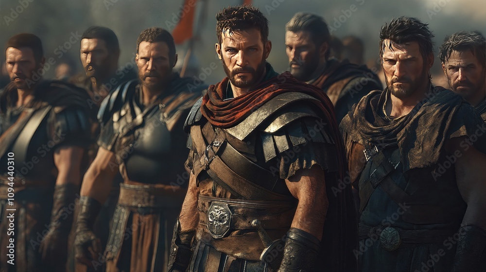 A group of men clad in full armor are standing in a straight line A group of men clad in full armor are standing in a straight line