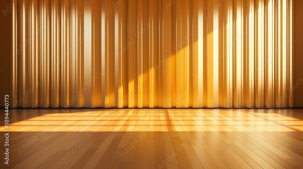 empty room with golden wall , wooden floor and spotlight,dark yellow corrugated wall background with shadow sunlight. A bright orange room with a warm wooden floor and modern vertical blinds. empty room with golden wall , wooden floor and spotlight,dark yellow corrugated wall background with shadow sunlight. A bright orange room with a warm wooden floor and modern vertical blinds.