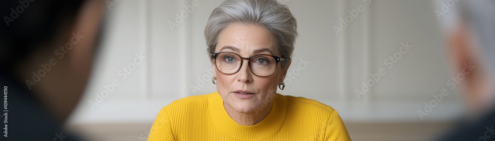 Wellness health and Natural remedies Concept, A middle-aged woman with glasses and gray hair sits at a table, looking intently at two people across from her, wearing a yellow sweater.