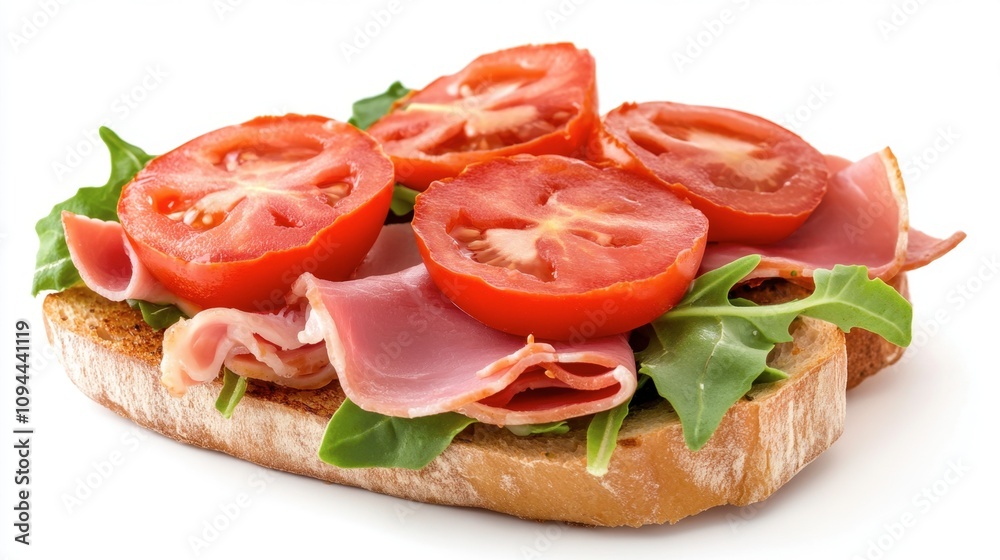 Freshly Made Open-Faced Sandwich with Ham, Ripe Tomatoes, and Crisp Lettuce on Whole Grain Bread Perfect for a Healthy Lunch Option or Snack Freshly Made Open-Faced Sandwich with Ham, Ripe Tomatoes, and Crisp Lettuce on Whole Grain Bread Perfect for a Healthy Lunch Option or Snack