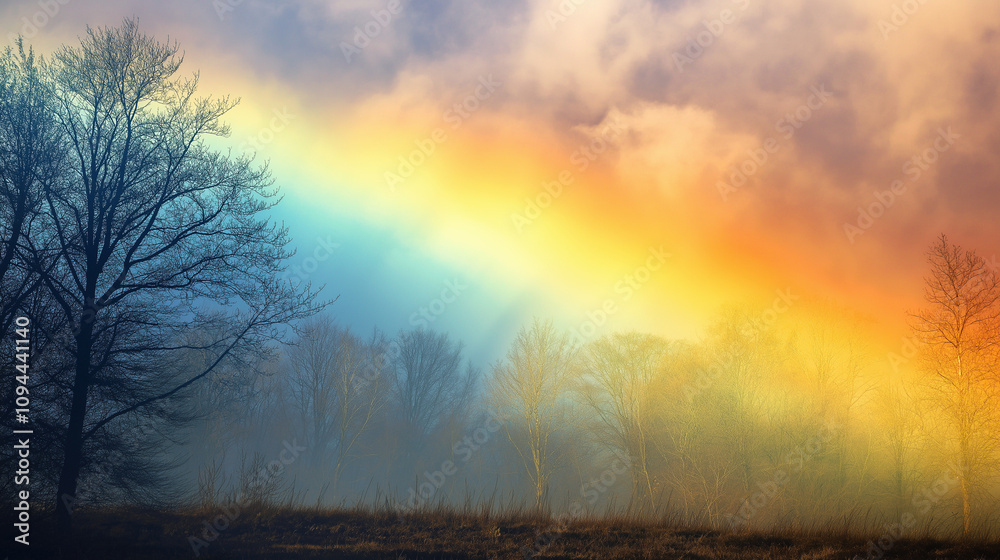 Fototapeta premium Vibrant rainbow breaking through misty trees at sunrise with soft atmospheric light