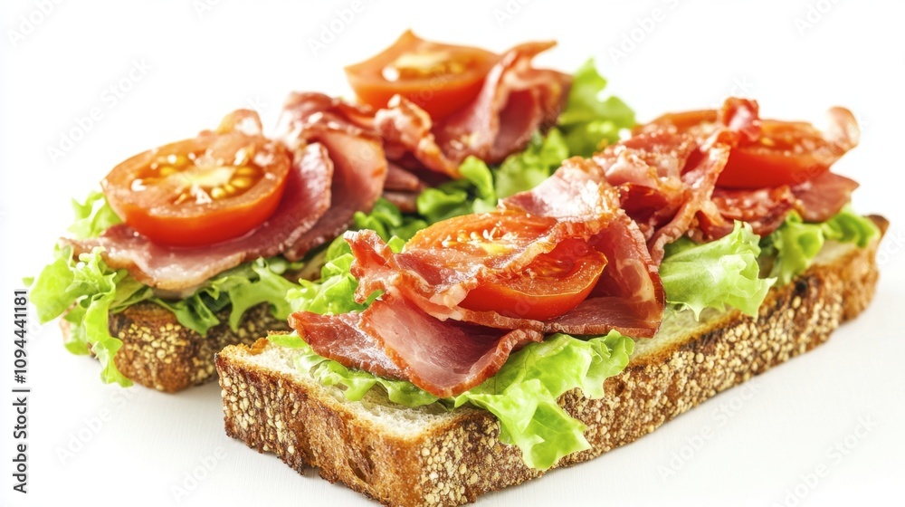 Freshly Prepared Open-Faced Sandwich with Crispy Bacon, Tomato Slices, and Crisp Lettuce on Whole Grain Bread Highlighting Delicious Ingredients Freshly Prepared Open-Faced Sandwich with Crispy Bacon, Tomato Slices, and Crisp Lettuce on Whole Grain Bread Highlighting Delicious Ingredients