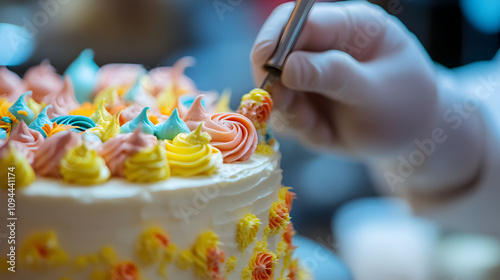 A chef decorating a cake with intricate piping techniques and vibrant colors. photo