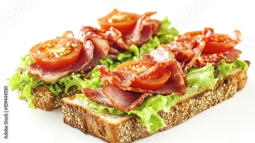 Freshly Prepared Open-Faced Sandwich with Crispy Bacon, Tomato Slices, and Crisp Lettuce on Whole Grain Bread Highlighting Delicious Ingredients