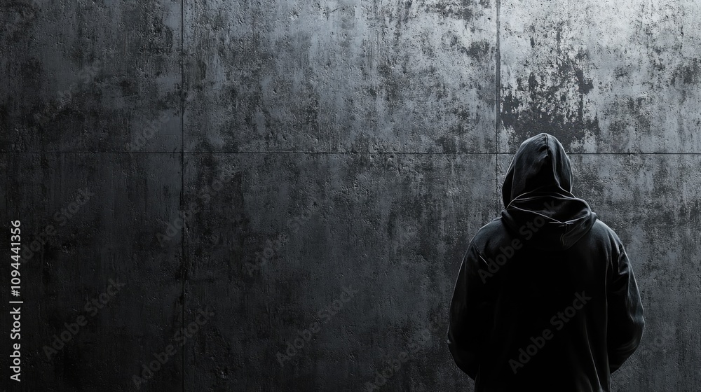 A silhouette of a person wearing a hoodie, standing against a textured grey wall, embodying mystery and introspection. A silhouette of a person wearing a hoodie, standing against a textured grey wall, embodying mystery and introspection.