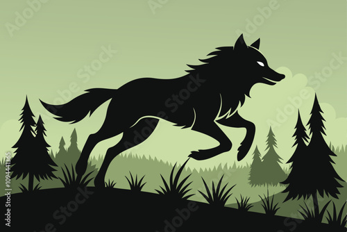 Vector silhouette of wolf running in the grass in forest