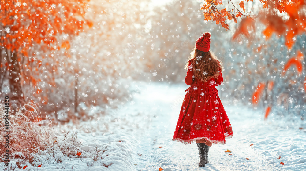 Fototapeta premium Woman in a red dress walking through a snow-covered autumn forest with falling snowflakes and golden leaves. Minimal winter banner with copy space 