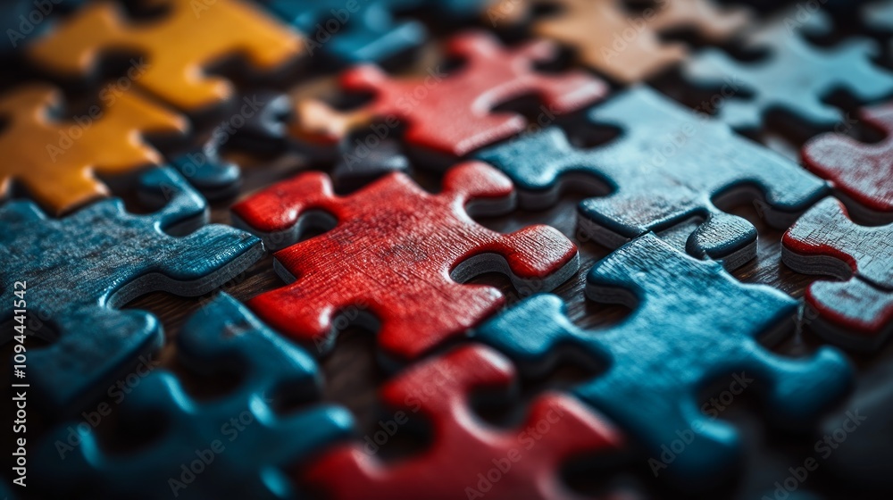 Close-up of colorful jigsaw puzzle pieces, interlocked, showing texture and detail. Close-up of colorful jigsaw puzzle pieces, interlocked, showing texture and detail.