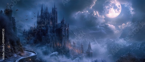 Castle in a forest with a full moon in the background