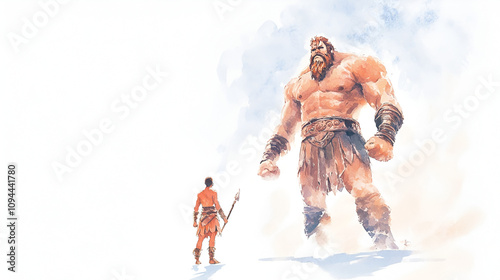 David and Goliath Digital watercolor painting of an ancient warrior with a giant standing in front of him Digital illustration cute soft watercolor painting on white backgorund with copy space jesus, photo