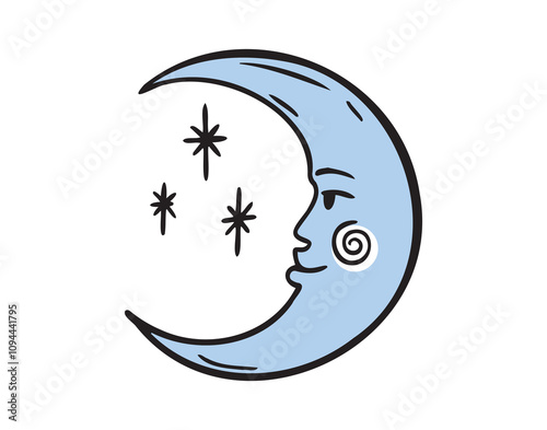 Moon face doodle element. Blue mystical cartoon whimsical boho style. Moon space cosmic line icon.