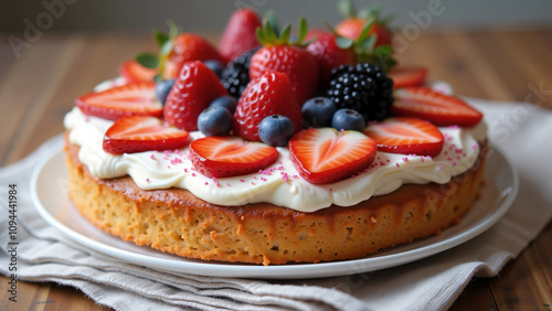 A delightful berry cake served on a dish. The soft sponge cake is topped with a layer of whipped cream and generously garnished with fresh sliced strawberries, blackberries and blueberries.