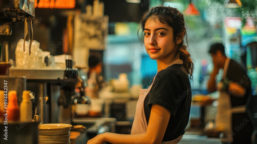 High school student working as a server in a local eatery in Mexico City, Mexico High school student working as a server in a local eatery in Mexico City, Mexico