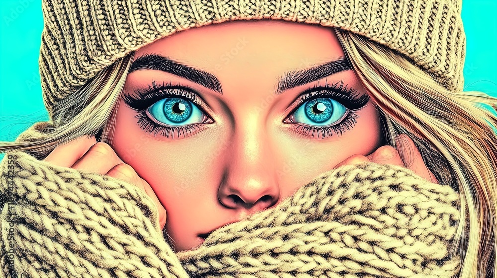 Warm and Cozy Woman Portrait: Blonde Hair Under a Knit Hat, Blue Eyes and Chunky Beige Scarf – Perfect as a Serene Poster for Sports or Home Interior Decor Warm and Cozy Woman Portrait: Blonde Hair Under a Knit Hat, Blue Eyes and Chunky Beige Scarf – Perfect as a Serene Poster for Sports or Home Interior Decor