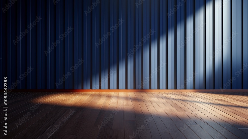 empty room with blue wall , wooden floor and spotlight,dark blue corrugated wall background with shadow sunlight. A bright blue room with a warm wooden floor and modern vertical blinds. empty room with blue wall , wooden floor and spotlight,dark blue corrugated wall background with shadow sunlight. A bright blue room with a warm wooden floor and modern vertical blinds.