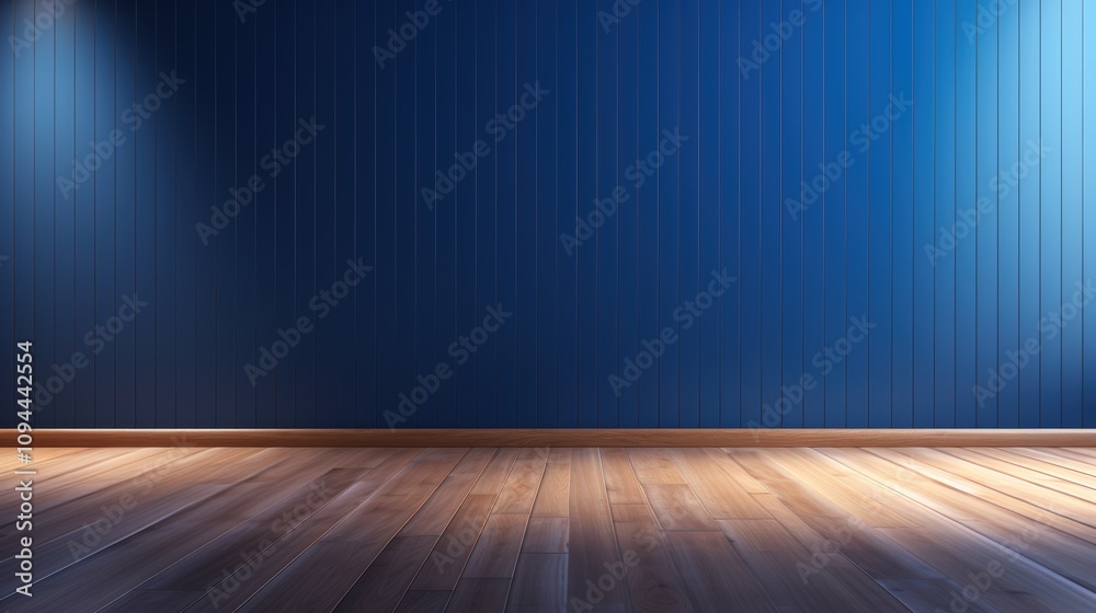 empty room with blue wall , wooden floor and spotlight,dark blue corrugated wall background with shadow sunlight. A bright blue room with a warm wooden floor and modern vertical blinds. empty room with blue wall , wooden floor and spotlight,dark blue corrugated wall background with shadow sunlight. A bright blue room with a warm wooden floor and modern vertical blinds.