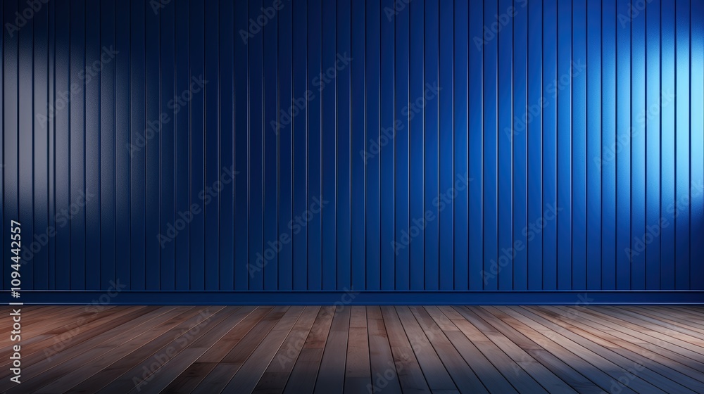 empty room with blue wall , wooden floor and spotlight,dark blue corrugated wall background with shadow sunlight. A bright blue room with a warm wooden floor and modern vertical blinds. empty room with blue wall , wooden floor and spotlight,dark blue corrugated wall background with shadow sunlight. A bright blue room with a warm wooden floor and modern vertical blinds.