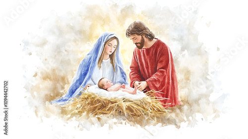 Digital watercolor painting of Jesus and Mary with baby Jesus Christ Nativity cute soft watercolor painting on white backgorund with copy space jesus, pray, spirituality, hope, passion, spiritual, photo