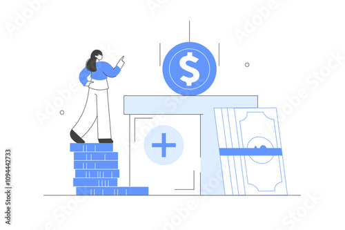 Donating Money. Charity Online. Volunteer Collecting and Putting Coins And Banknotes in Donation Box. Charity Support and Fundraising Concept. Flat Cartoon Vector Illustration, icon. Stylish Abstract