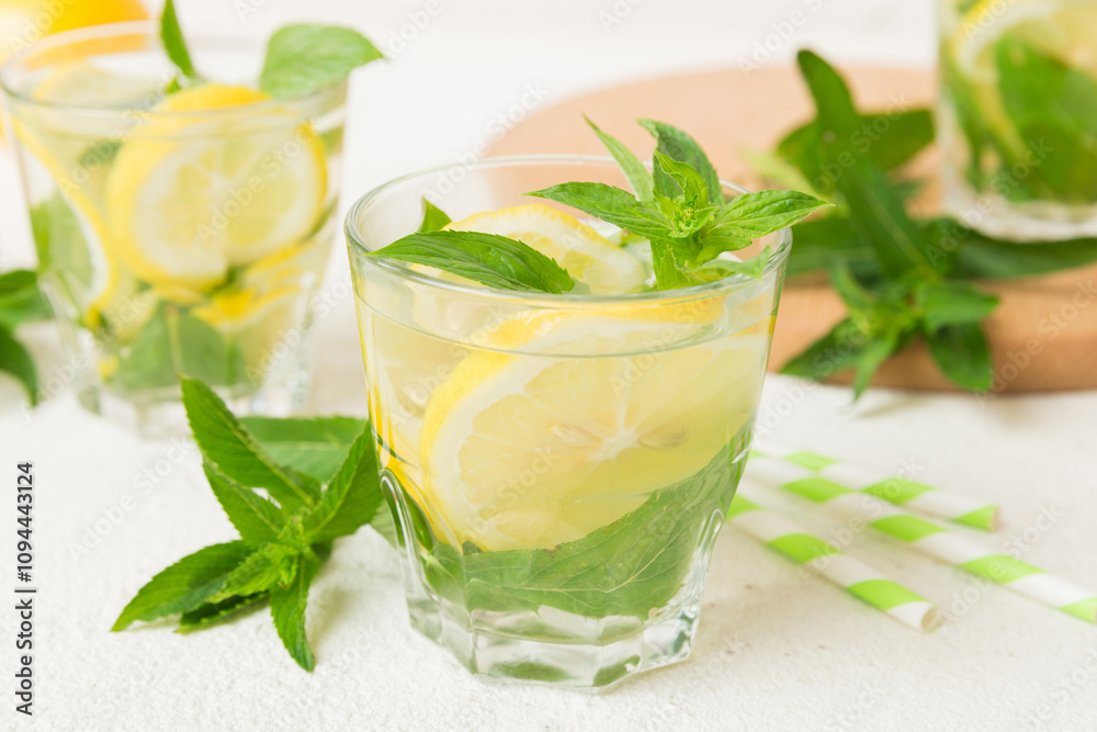 Mojito cocktail. Refreshing mojito cocktail with lime, lemon and mint in a tall glass with a stick Mojito cocktail. Refreshing mojito cocktail with lime, lemon and mint in a tall glass with a stick