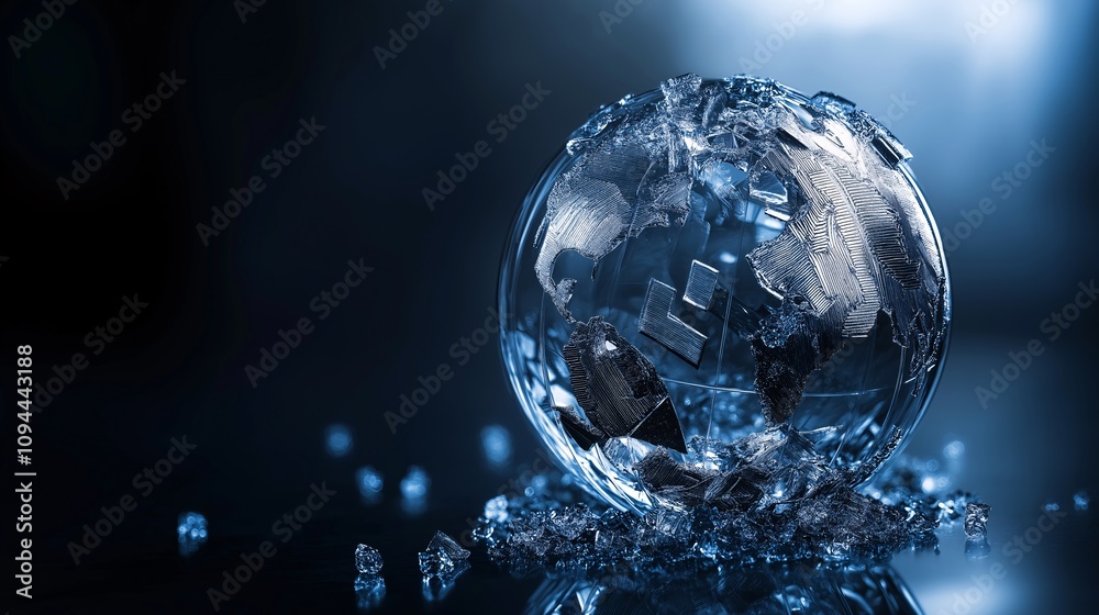 Frozen Planet: A shattered glass globe, encased in ice, reflects the fragility of our planet and the urgency of climate change. Frozen Planet: A shattered glass globe, encased in ice, reflects the fragility of our planet and the urgency of climate change.