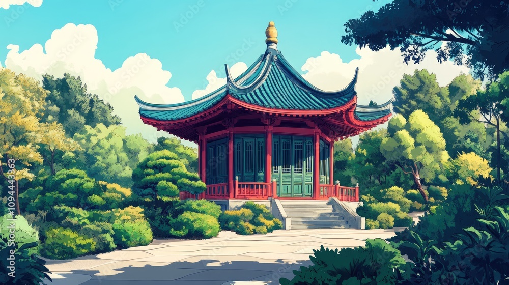 A vibrant traditional gazebo surrounded by lush greenery, creating a serene and inviting atmosphere. A vibrant traditional gazebo surrounded by lush greenery, creating a serene and inviting atmosphere.