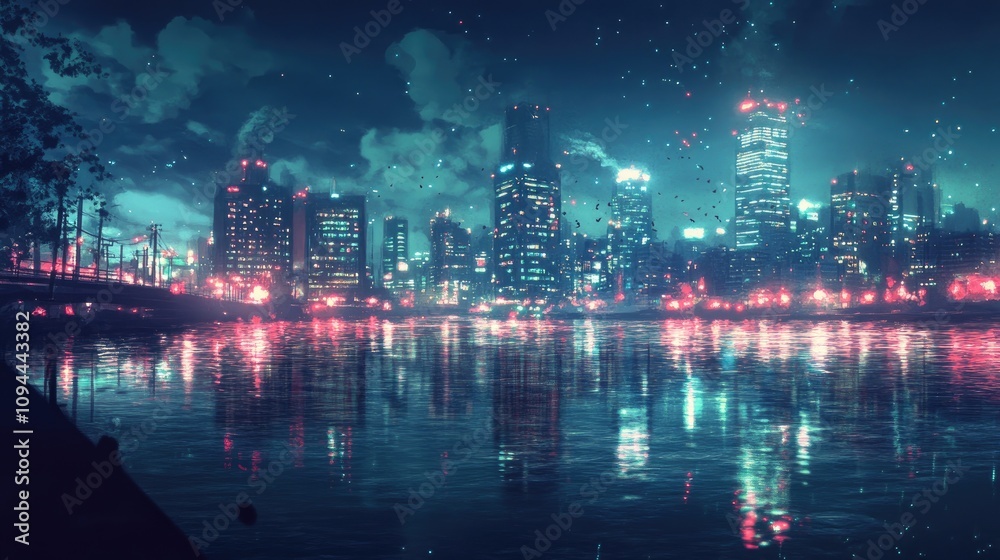 A vibrant city skyline glowing under a night sky, reflecting colorful lights on the water. A vibrant city skyline glowing under a night sky, reflecting colorful lights on the water.
