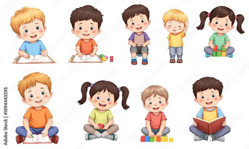 A set of preschool children in various playful and learning poses isolated on a pure white background A set of preschool children in various playful and learning poses isolated on a pure white background