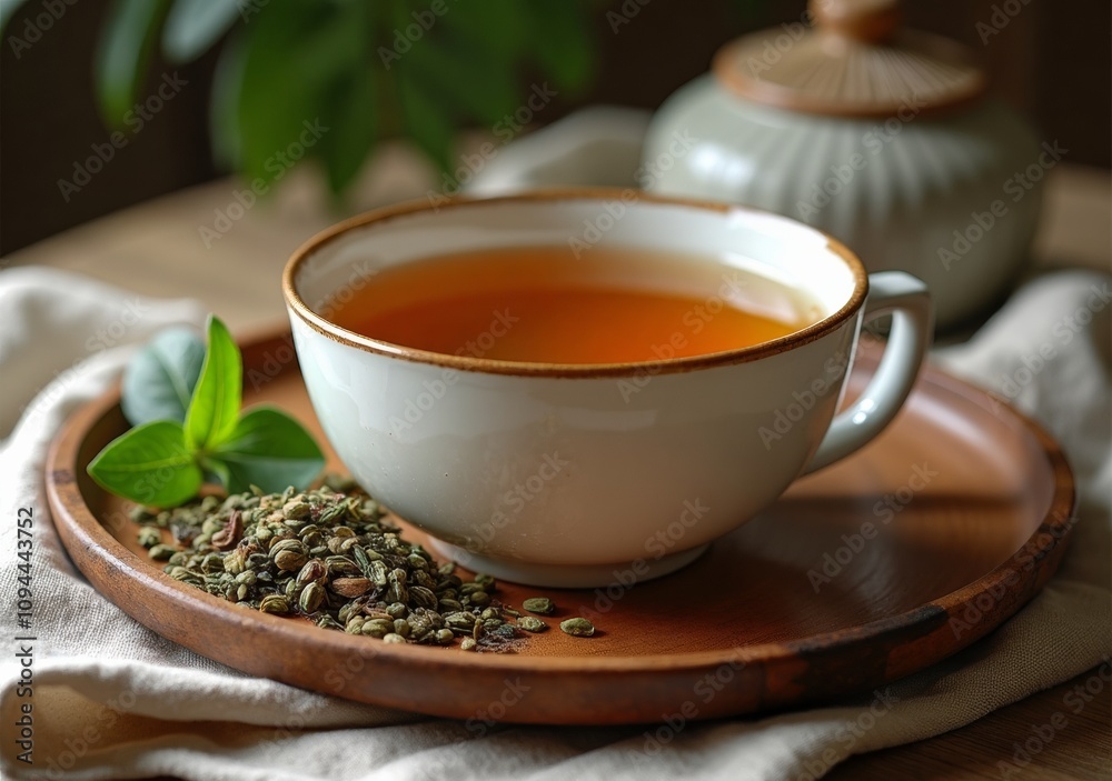 Herbal tea served in a ceramic cup with fresh leaves and dried herbs on a wooden tray Herbal tea served in a ceramic cup with fresh leaves and dried herbs on a wooden tray