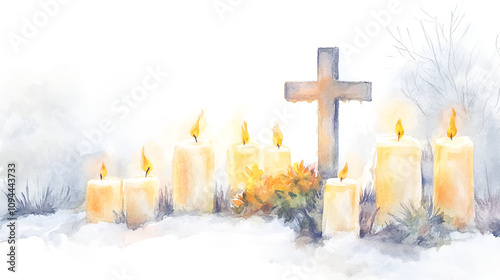 All Souls Day Cross with burning candles in the cemetery Digital illustration cute soft watercolor painting on white backgorund with copy space jesus, pray, spirituality, hope, passion, spiritual, photo