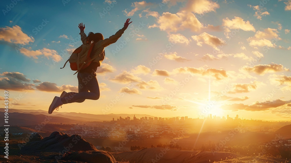 happy person jumping in the sunset FREEDOM happy person jumping in the sunset FREEDOM