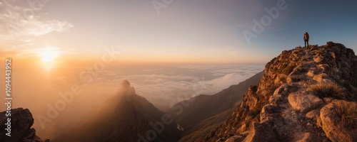 Man standing on a mountain top with a view of the sun