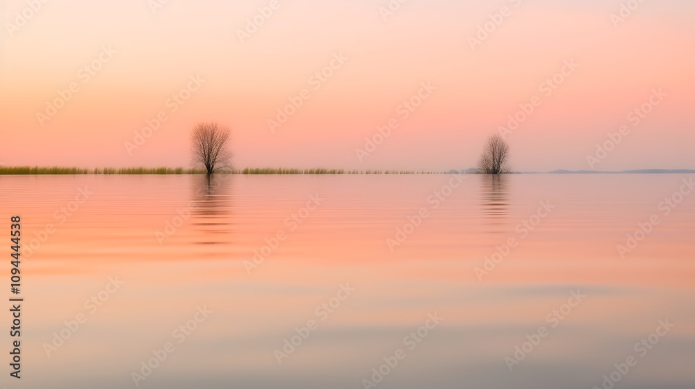 Tranquil Sunset Over Calm Water Two Trees Tranquil Sunset Over Calm Water Two Trees